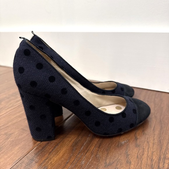 Boden Polka Dot Block Heel Pumps 38/7.5 Navy Black Suede Toe Slip On Rockabilly - Picture 2 of 8